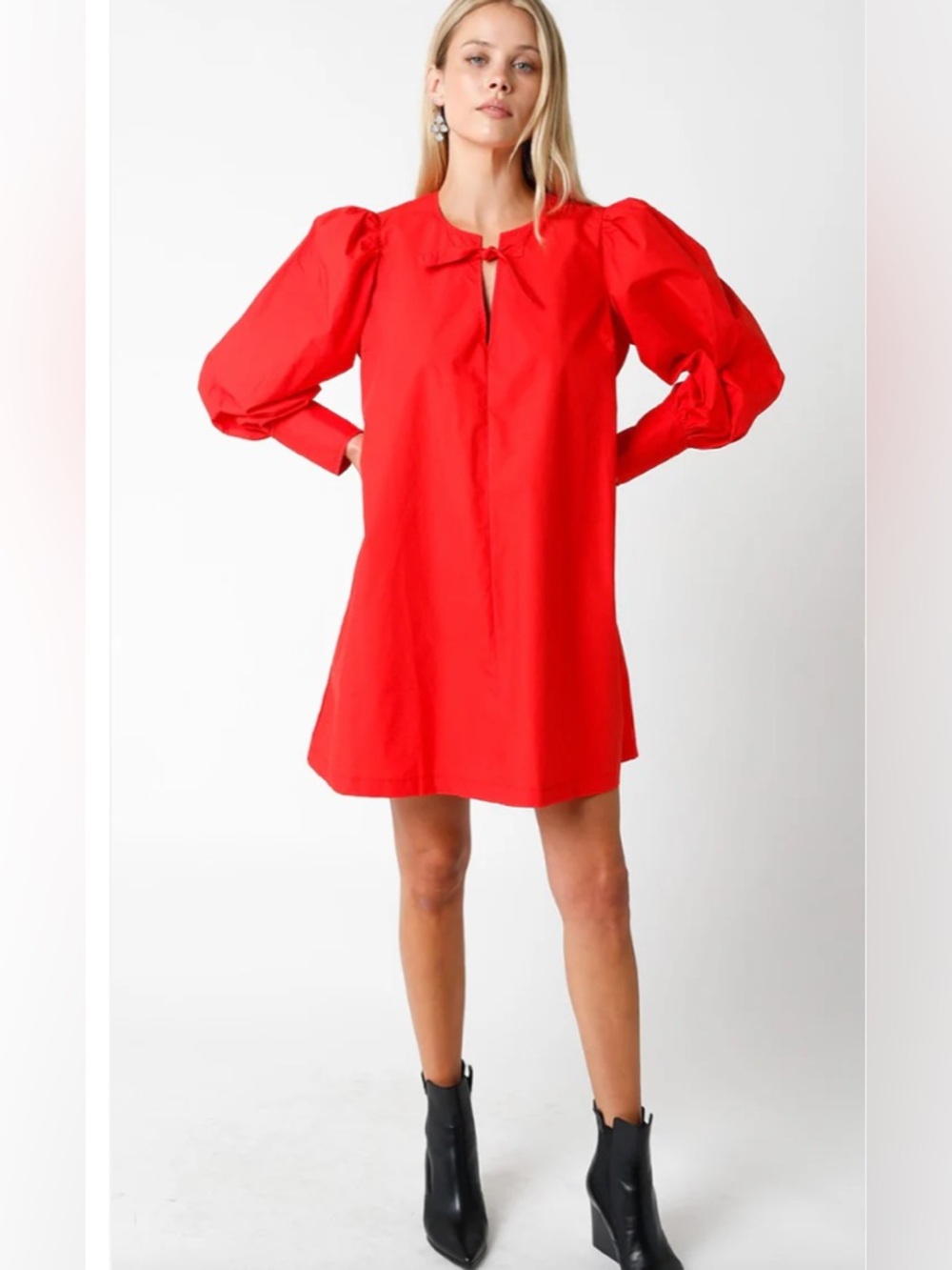 Red Puff Sleeve Tie Neck Dress - Picture 2 of 4